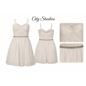 City Studio White Ruched Sweetheart Lace Trim Rhinestone Belt Dress Size 3